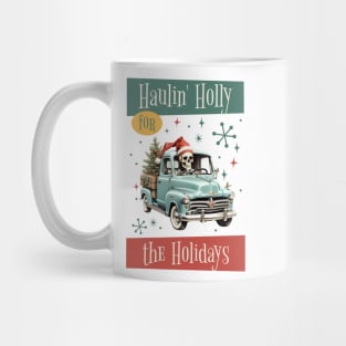 Funny Christmas Skeleton Wearing Santa Hat, Pickup Truck with Tree Mug